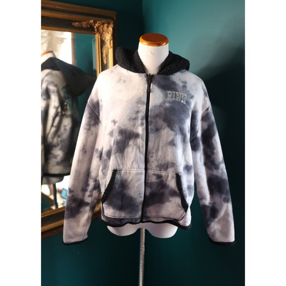 Victoria’s Secrets PINK Bling Sherpa Reversible Jacket Black White Tie Dye Sz S - Picture 1 of 12